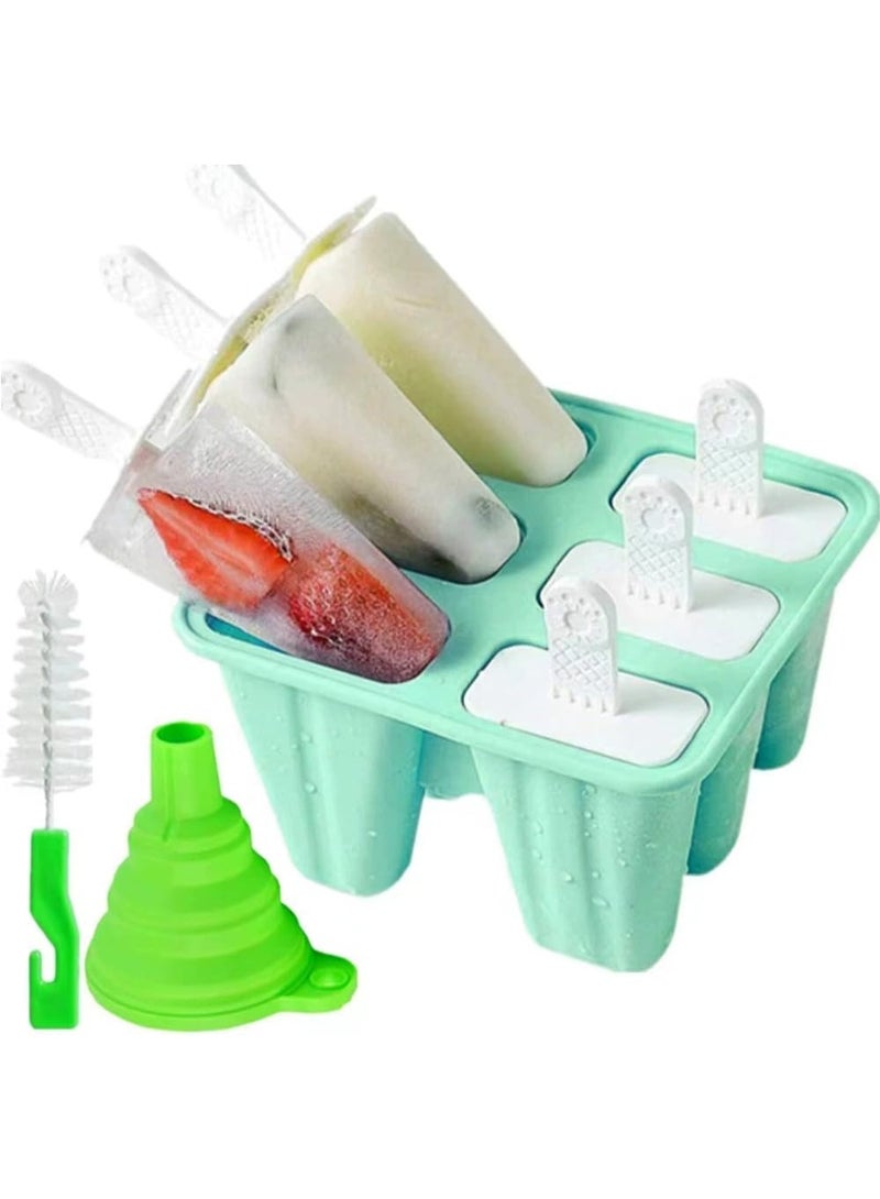6-Piece Silicone Popsicle Mold Set with Funnel & Cleaning Brush - Reusable, Easy-Release Ice Pop Molds (Green) - Image 1